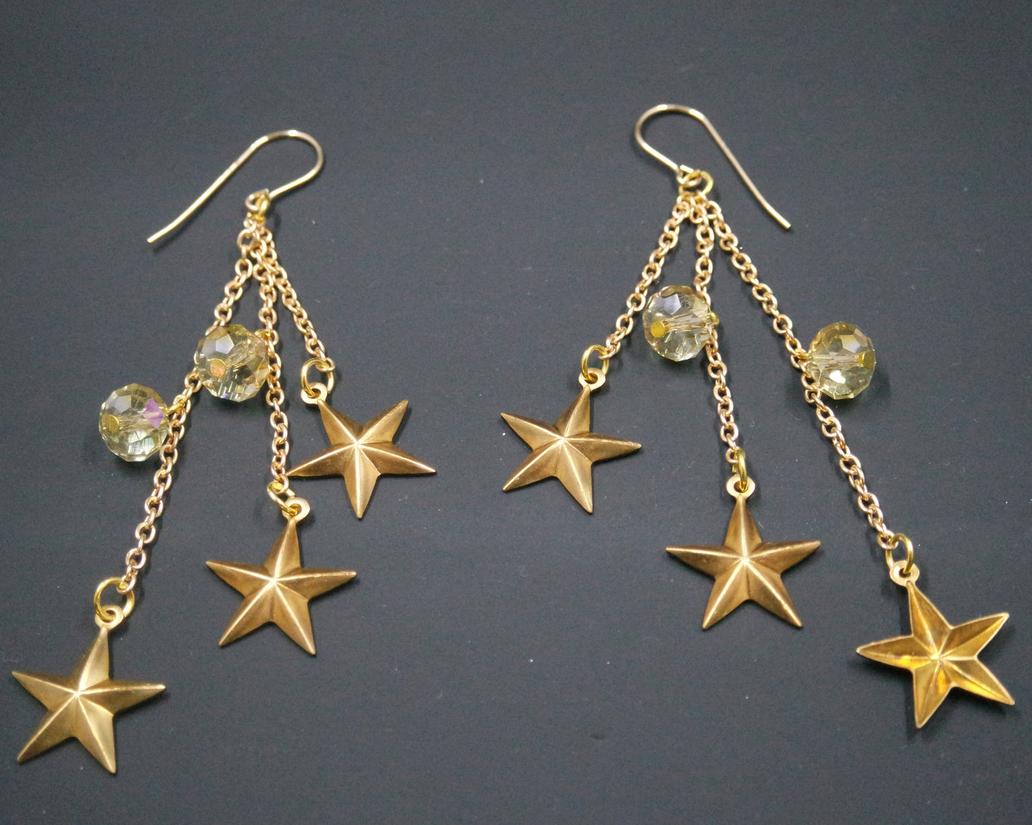 Triple Strand Star Brass Stamped Bead Chain Dangle Drop Earrings
