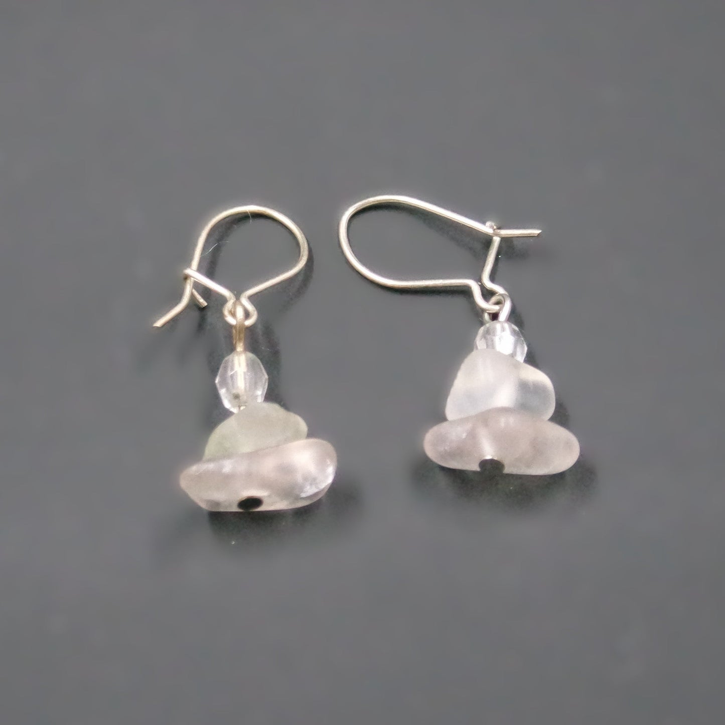 White Clear Sea Glass Bead Dangle Earrings