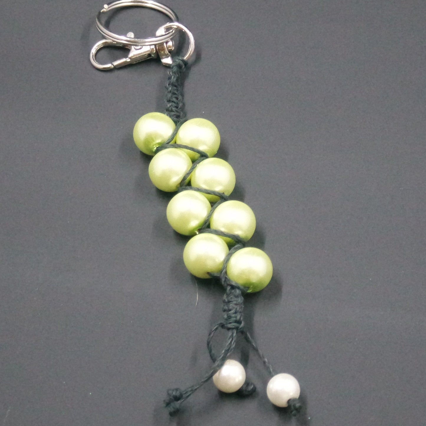 Green White Faux Pearl Grey Black Macrame Cord Keychain Bag Charm