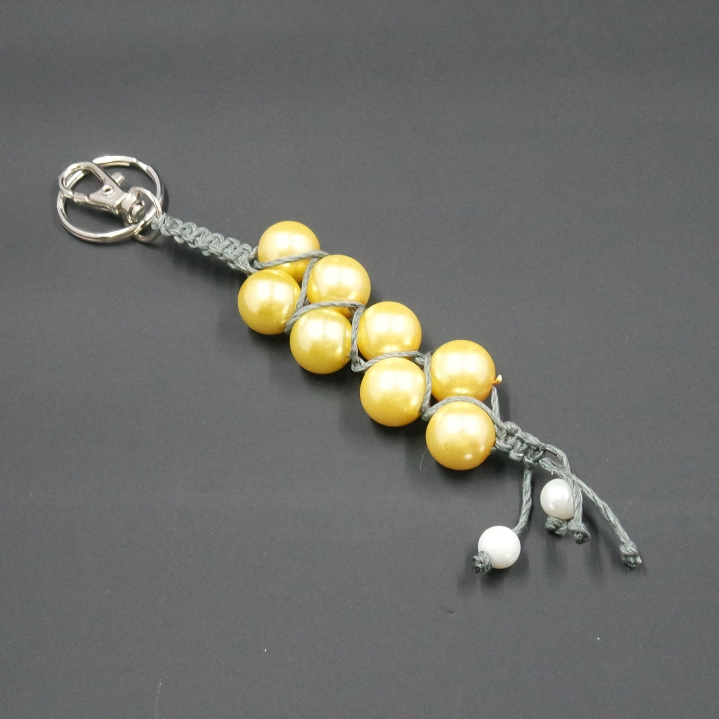 Yellow White Faux Pearl Grey Black Macrame Cord Knotted Keychain Bag Charm