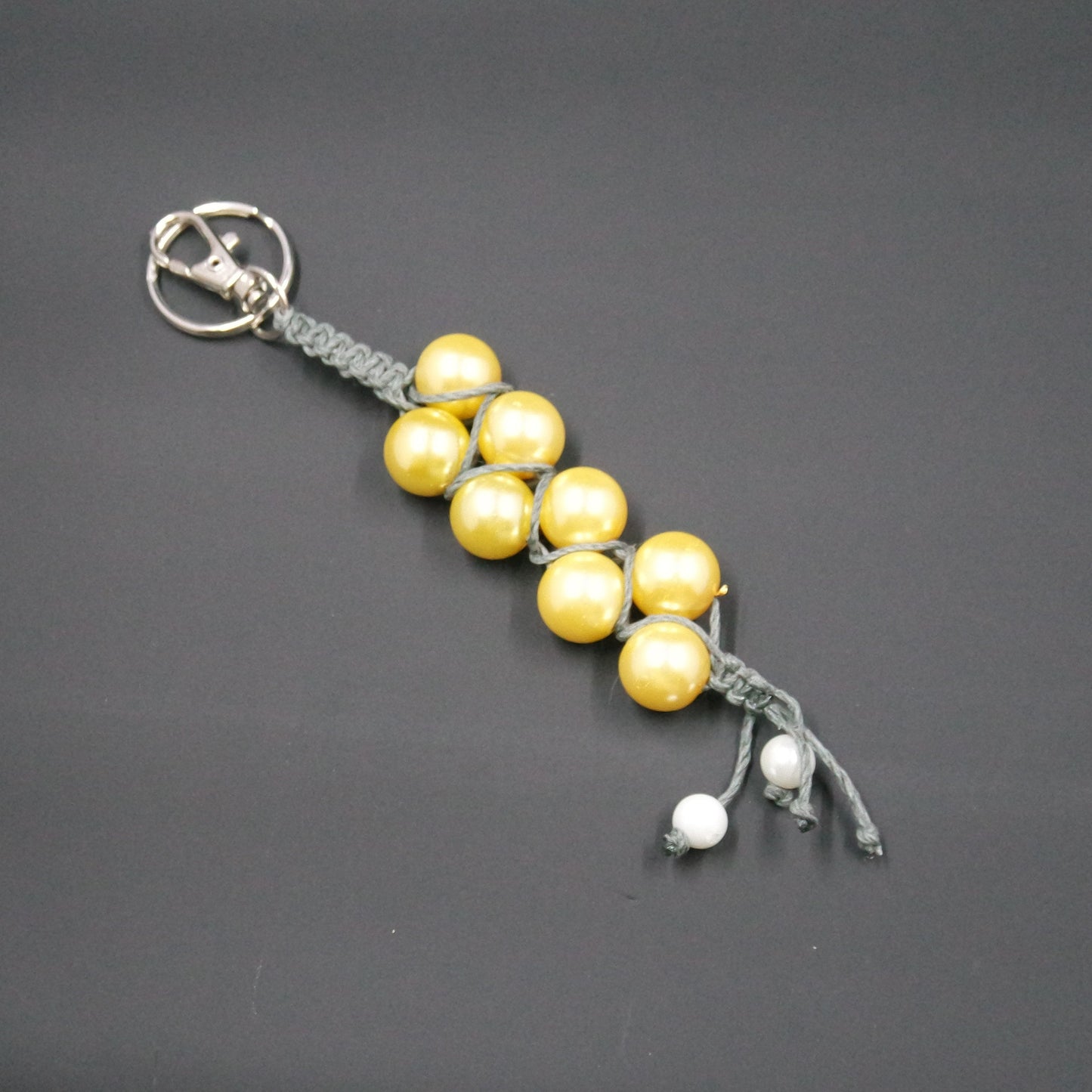 Yellow White Faux Pearl Grey Black Macrame Cord Knotted Keychain Bag Charm