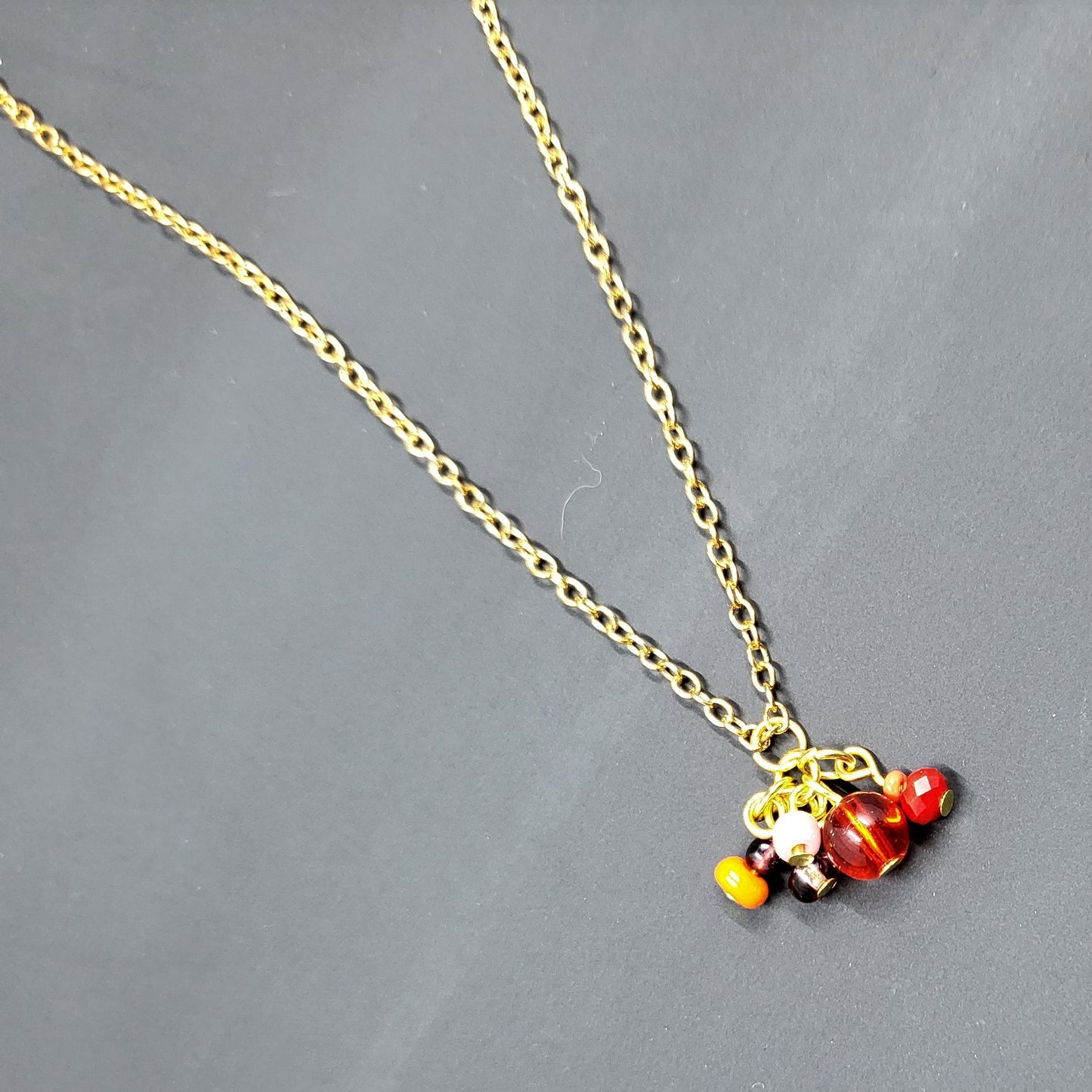 Red Bead Cluster Pendant Gold Chain Bracelet - Unique Jewelry