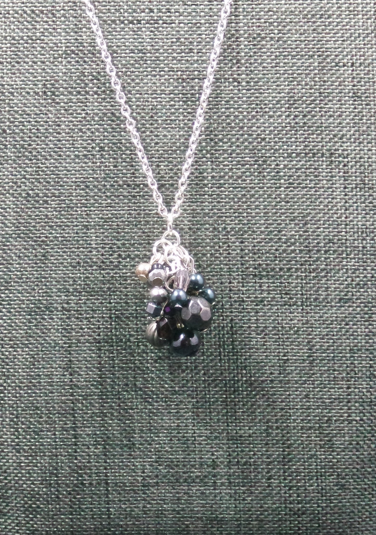 Black Grey Cluster Bead Pendant Silver Chain Necklace