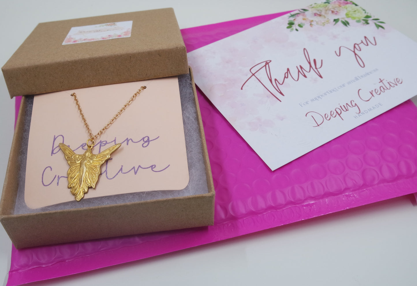 Art Deco Brass Fairy Angel Pendant Gold Oval Chain Necklace Handmade