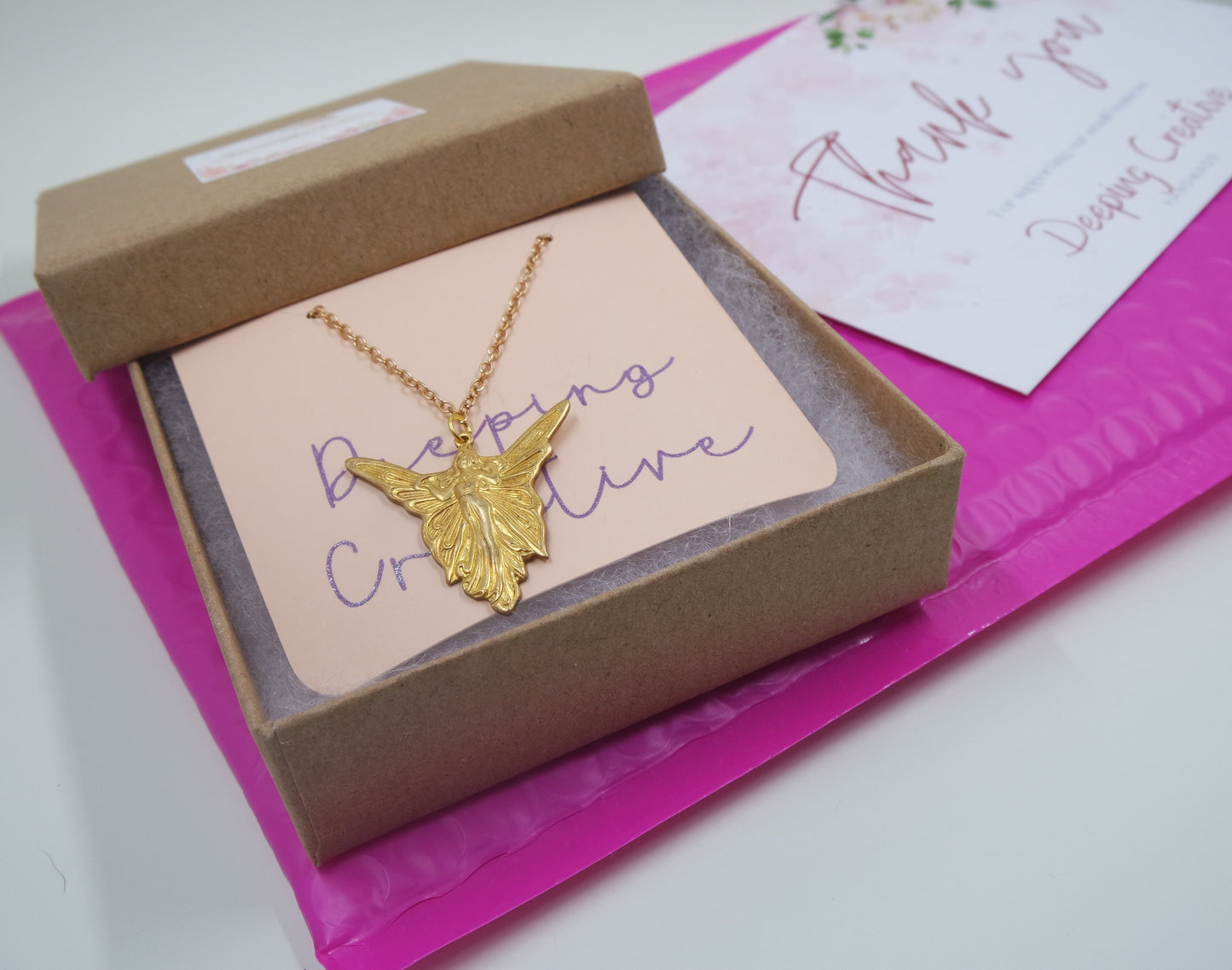 Art Deco Brass Fairy Angel Pendant Gold Oval Chain Necklace Handmade