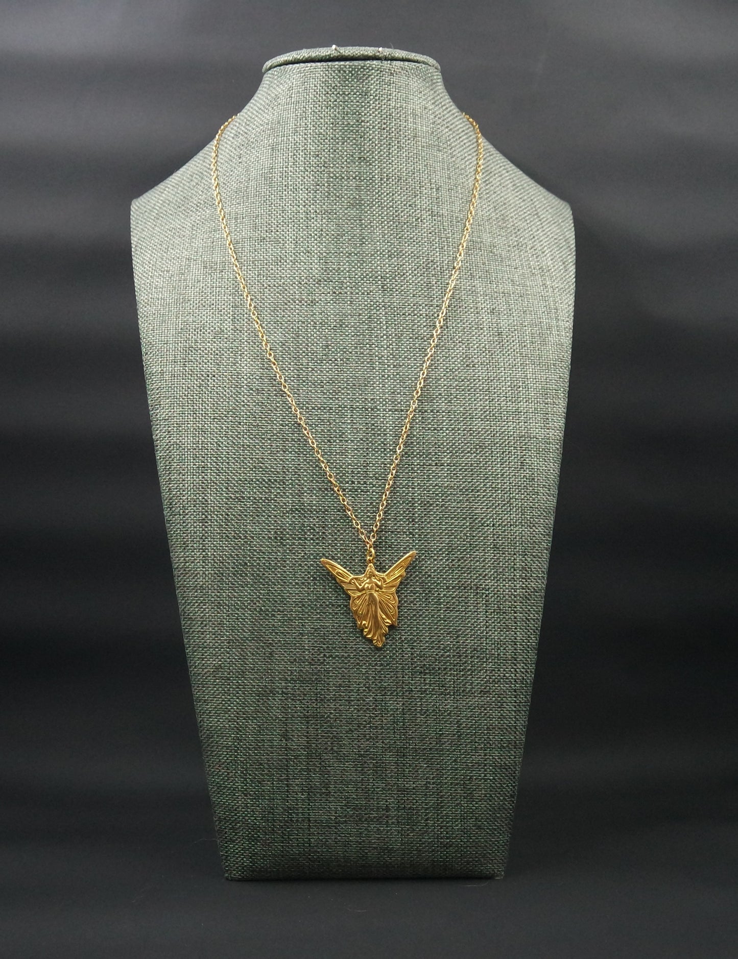 Art Deco Brass Fairy Angel Pendant Gold Oval Chain Necklace Handmade