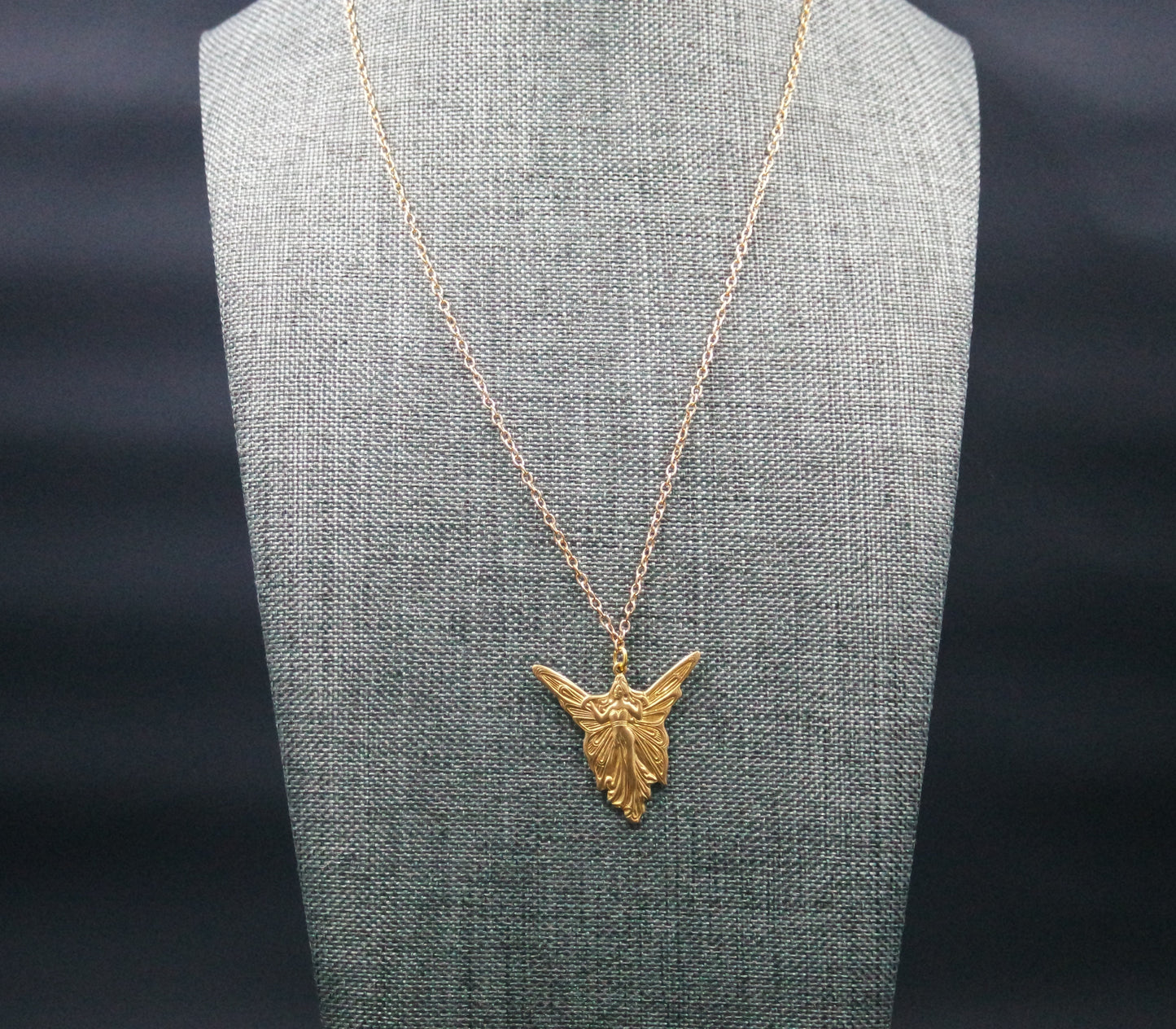 Art Deco Brass Fairy Angel Pendant Gold Oval Chain Necklace Handmade