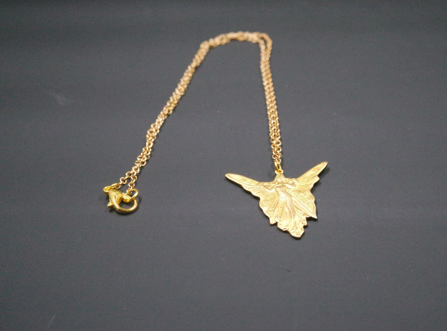 Art Deco Brass Fairy Angel Pendant Gold Oval Chain Necklace Handmade
