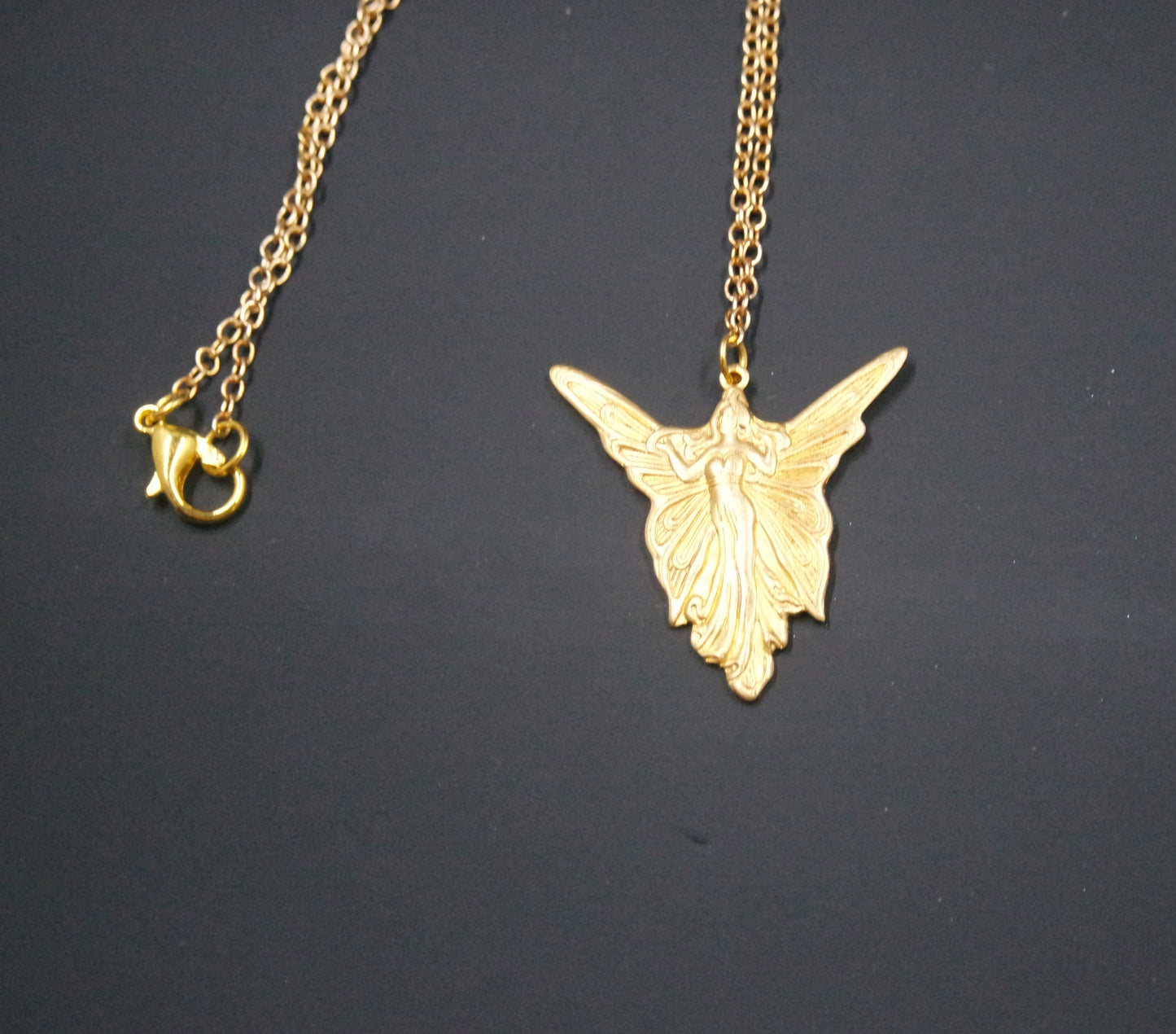 Art Deco Brass Fairy Angel Pendant Gold Oval Chain Necklace Handmade