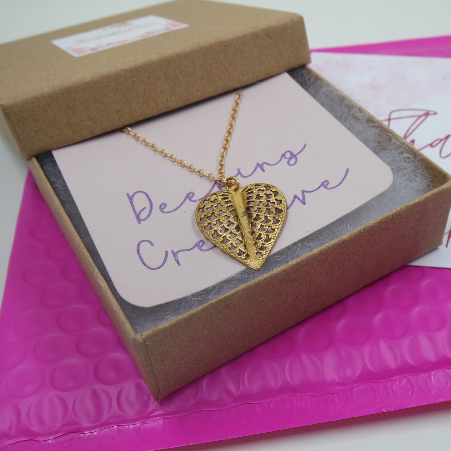 Filigree Valentine Brass Love Heart Pendant Simple Gold Chain Necklace Handmade