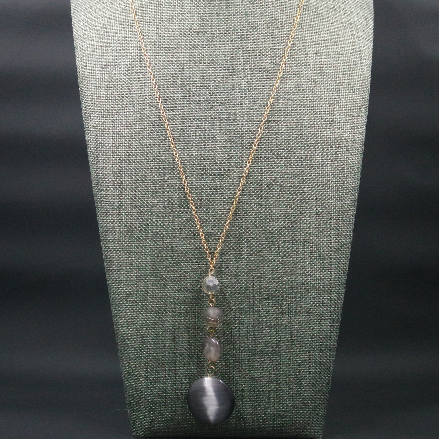 Purple Grey Sparkle Bead Dangle Pendant Delicate Gold Oval Chain Necklace