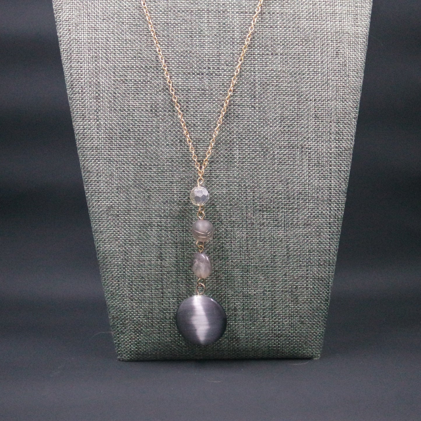 Purple Grey Sparkle Bead Dangle Pendant Delicate Gold Oval Chain Necklace