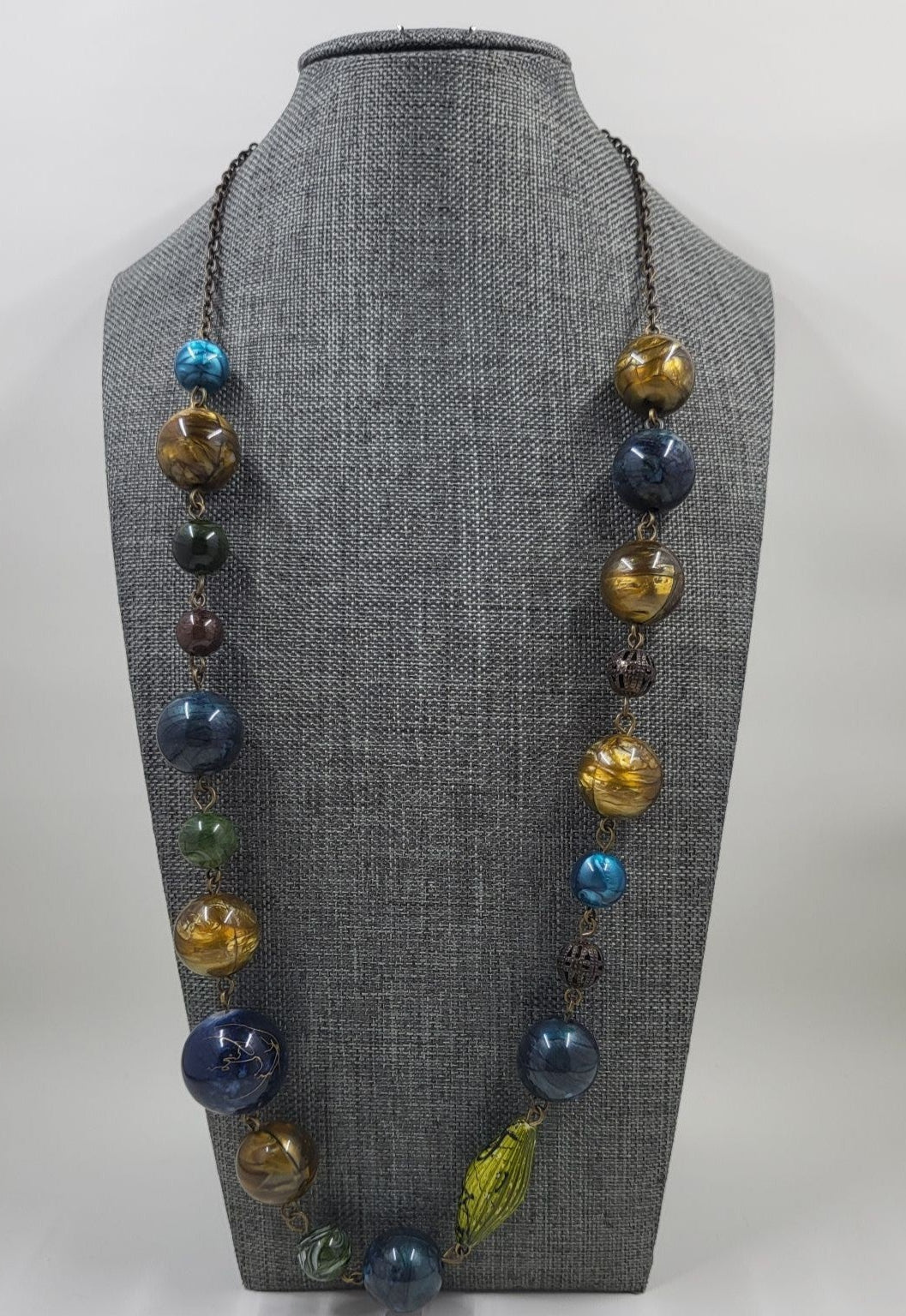 Blue Gold Green Brass Beaded Necklace