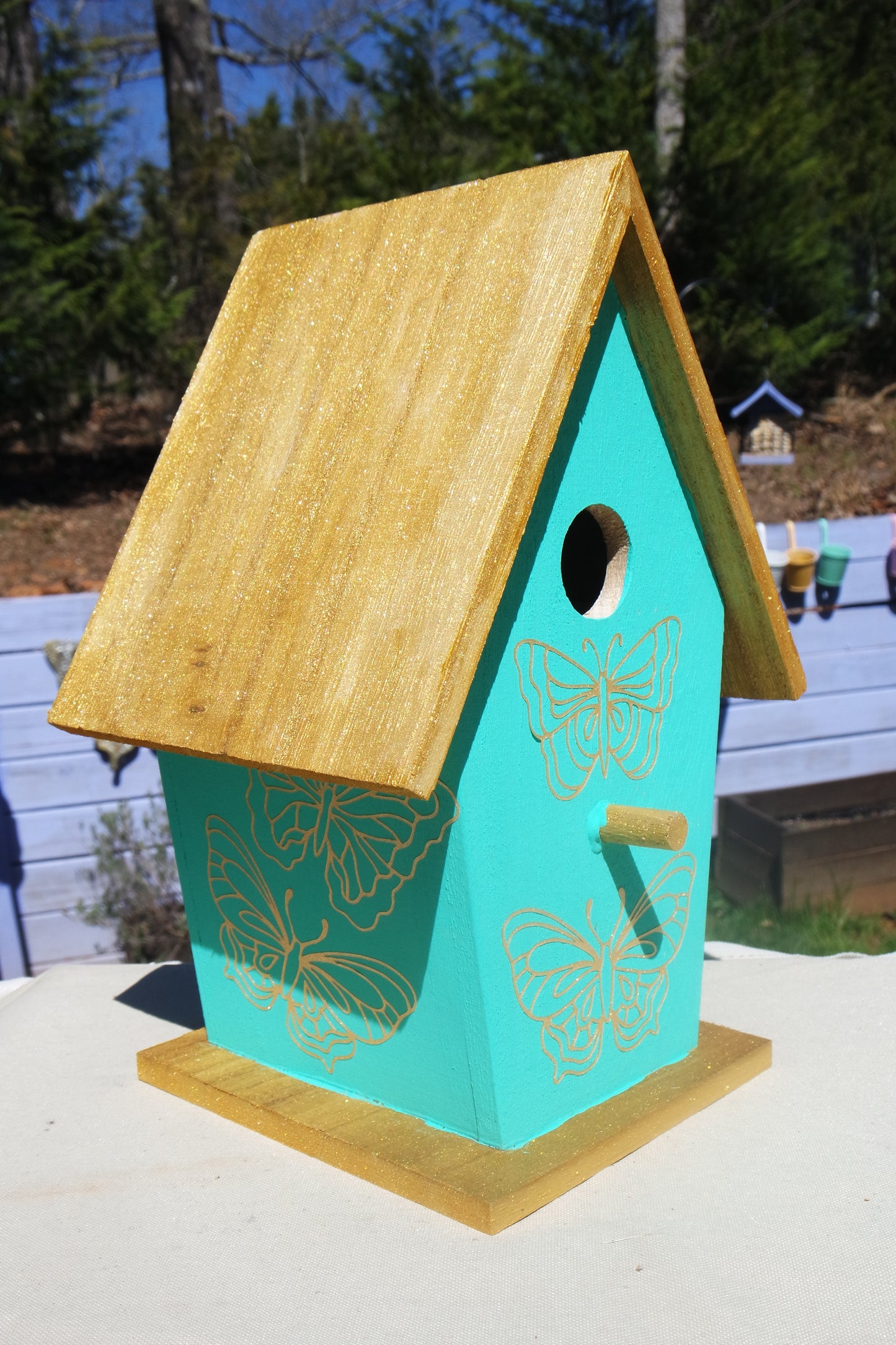 Colorful Painted Decoupage Birdhouse Butterfly Cardinal Hummingbird