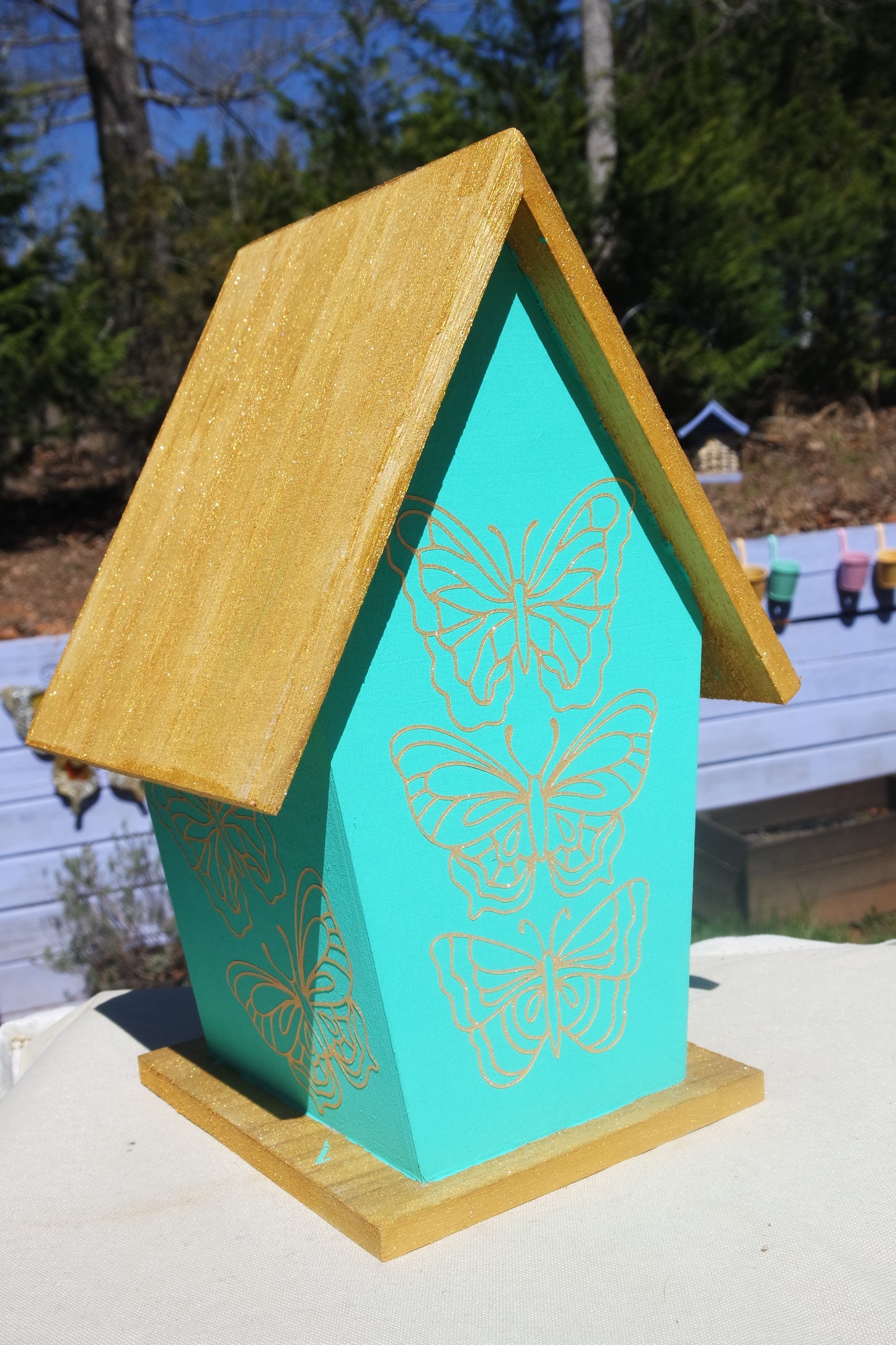 Colorful Painted Decoupage Birdhouse Butterfly Cardinal Hummingbird