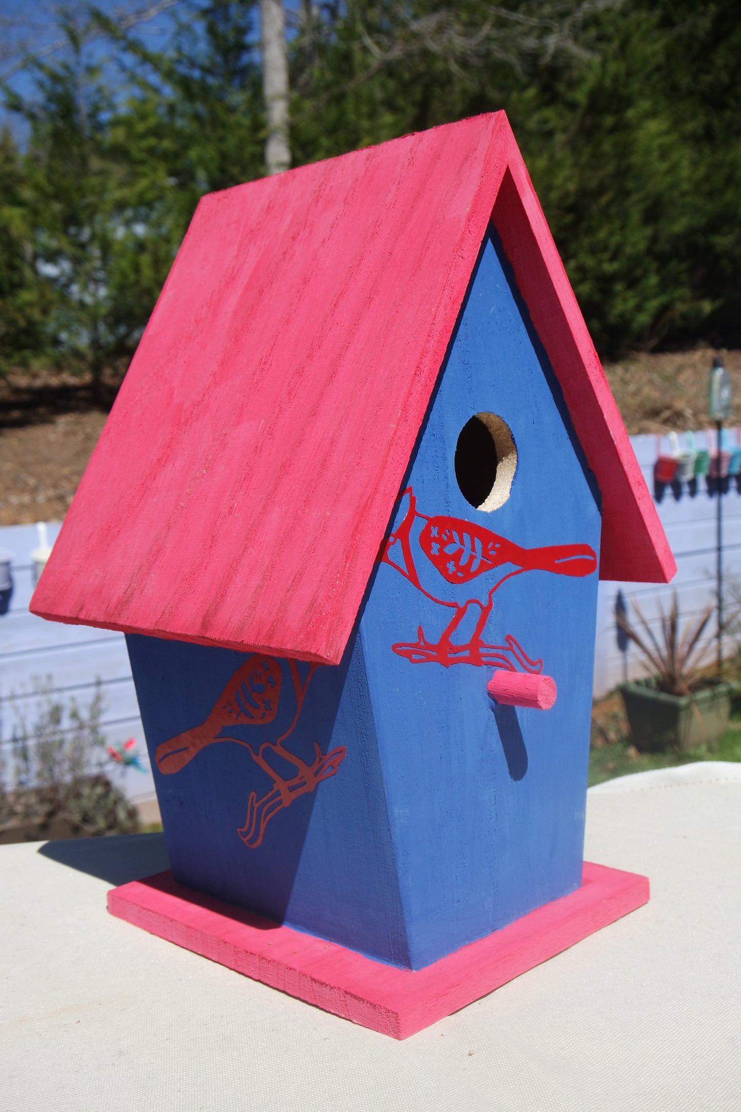 Colorful Painted Decoupage Birdhouse Butterfly Cardinal Hummingbird
