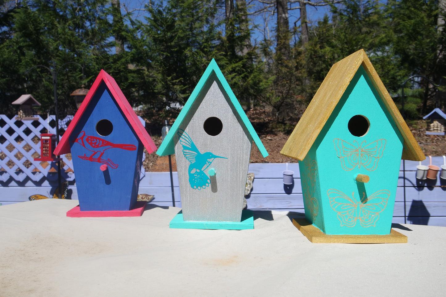 Colorful Painted Decoupage Birdhouse Butterfly Cardinal Hummingbird