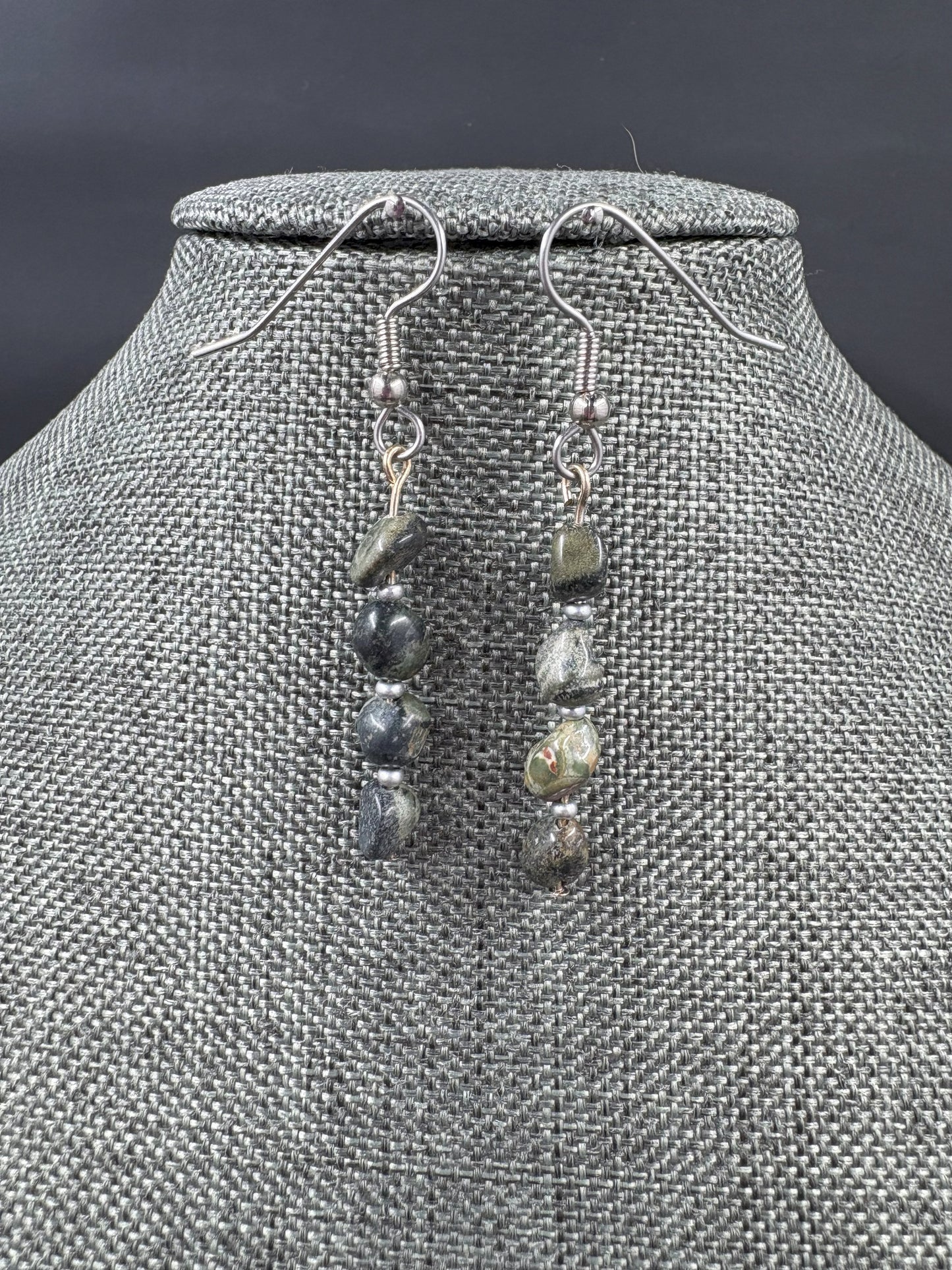 Dark Green Strand Silver Earrings