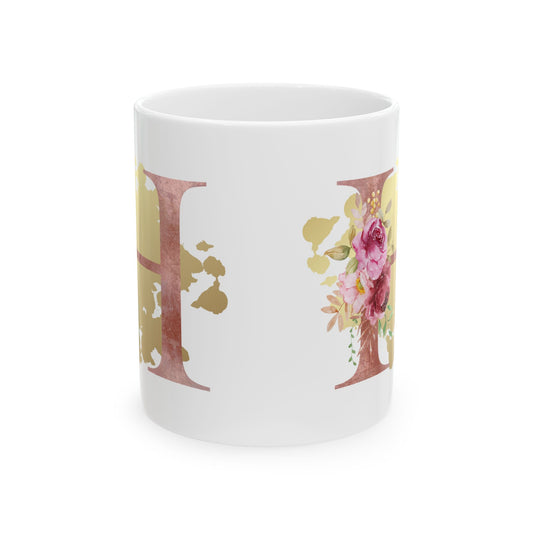 Ceramic Mug, (11oz) - Letter "H" Initial Pink Flower Gold Splash