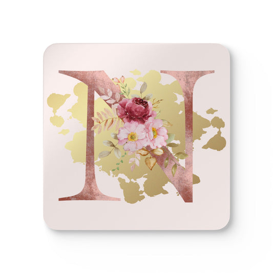 Coaster Set of 4 - Letter "N" Initial Pink Flower Gold Splash