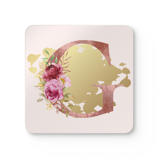 Coaster Set of 4 - Letter "G" Initial Pink Flower Gold Splash
