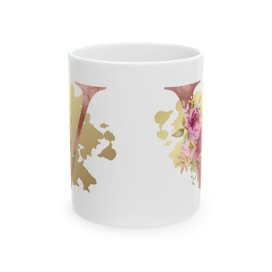Ceramic Mug, (11oz) - Letter "V" Initial Pink Flower Gold Splash
