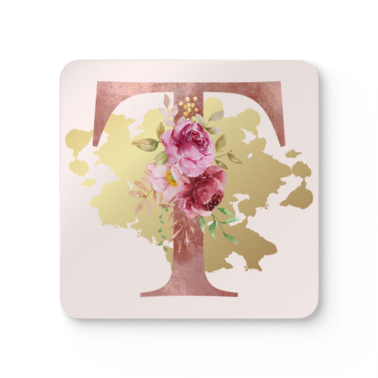 Coaster Set of 4 - Letter "T" Initial Pink Flower Gold Splash