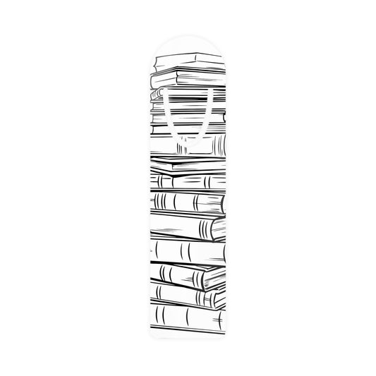 Metal Bookmark, black and white bookmark, stack of books, illustrated bookmark