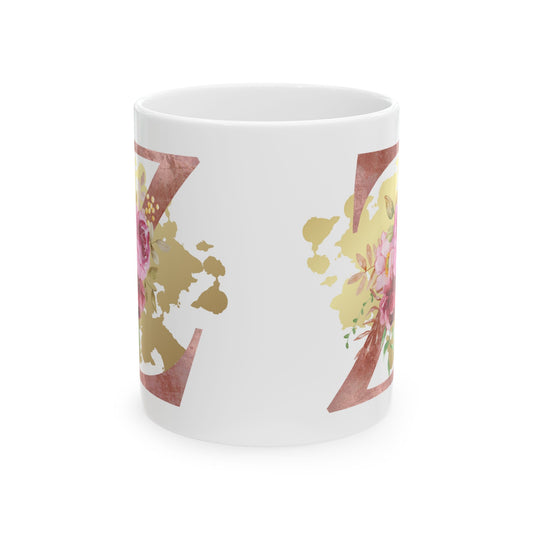 Ceramic Mug, (11oz) - Letter "Z" Initial Pink Flower Gold Splash