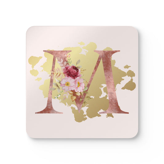 Coaster Set of 4 - Letter "M" Initial Pink Flower Gold Splash