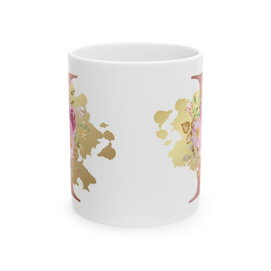 Ceramic Mug, (11oz) - Letter "I" Initial Pink Flower Gold Splash