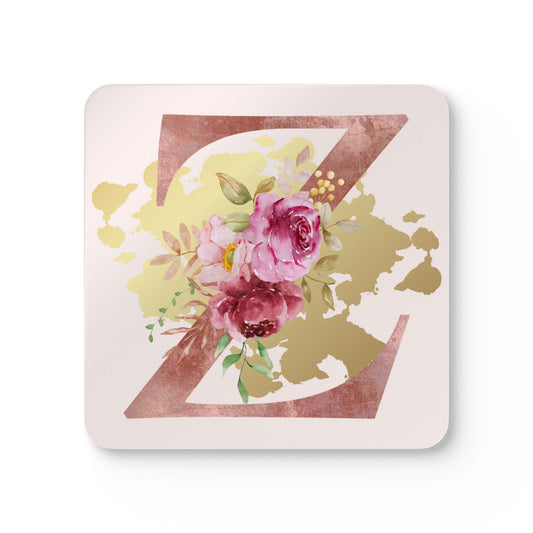 Coaster Set of 4 - Letter "Z" Initial Pink Flower Gold Splash