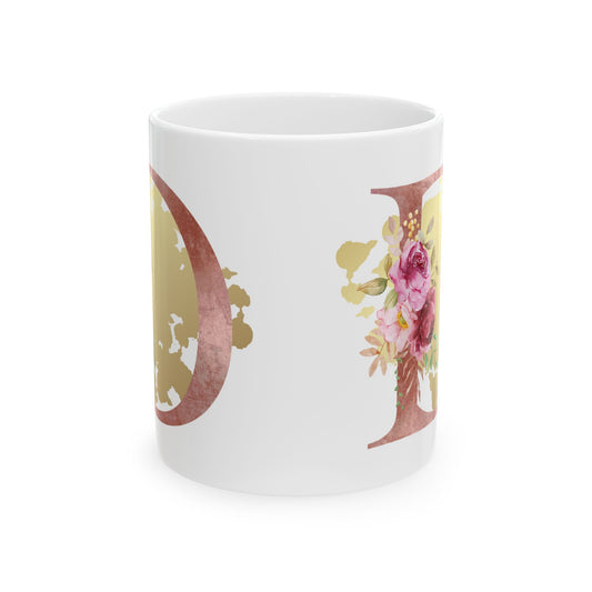 Ceramic Mug, (11oz) - Letter "D" Initial Pink Flower Gold Splash