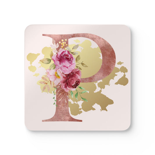 Coaster Set of 4 - Letter "P" Initial Pink Flower Gold Splash