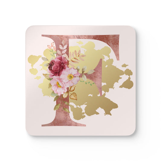 Coaster Set of 4 - Letter "F" Initial Pink Flower Gold Splash