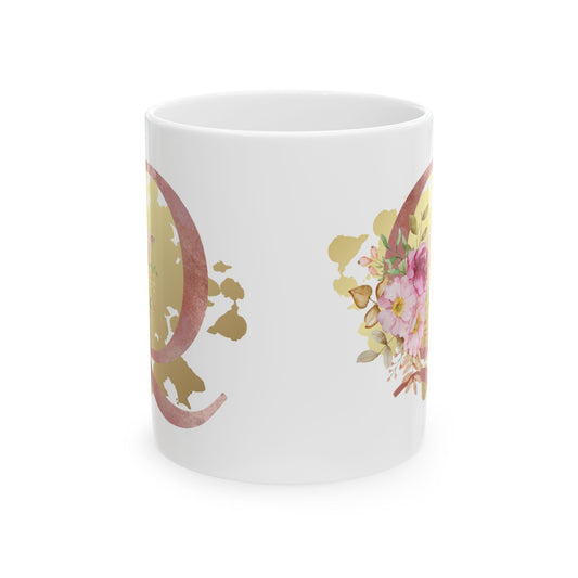 Ceramic Mug, (11oz) - Letter "Q" Initial Pink Flower Gold Splash