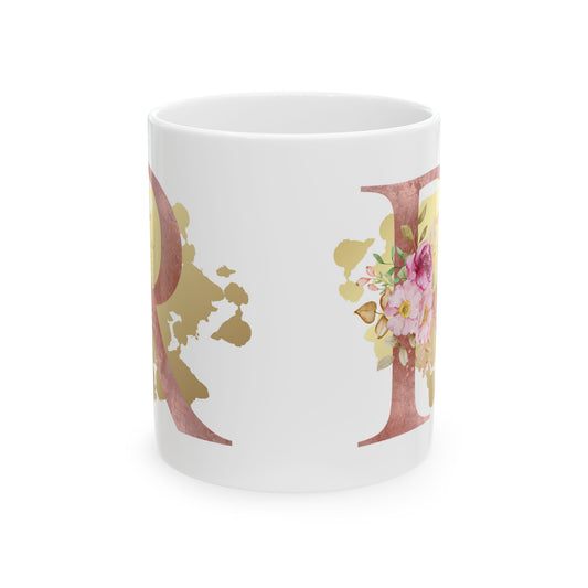 Ceramic Mug, (11oz) - Letter "R" Initial Pink Flower Gold Splash