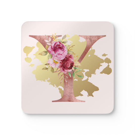 Coaster Set of 4 - Letter "Y" Initial Pink Flower Gold Splash
