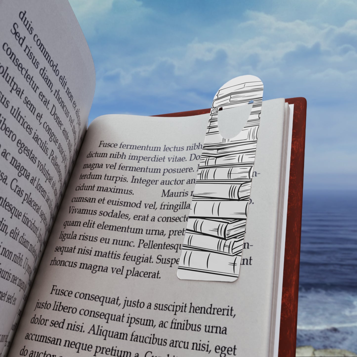 Metal Bookmark, black and white bookmark, stack of books, illustrated bookmark