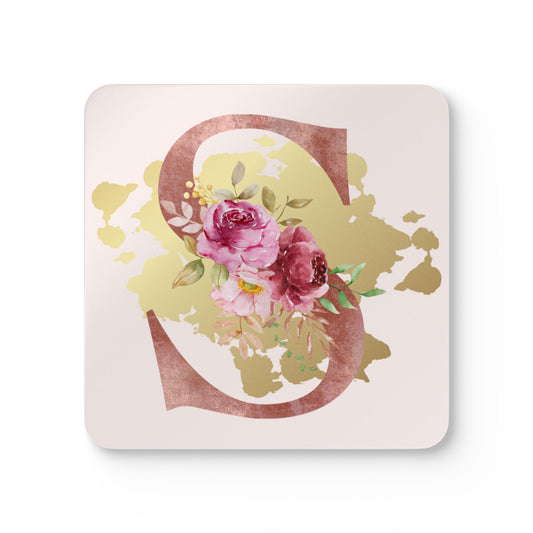Coaster Set of 4 - Letter "S" Initial Pink Flower Gold Splash