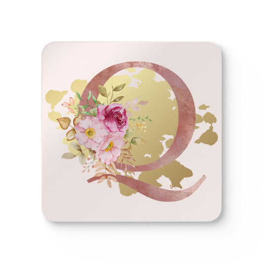 Coaster Set of 4 - Letter "Q" Initial Pink Flower Gold Splash