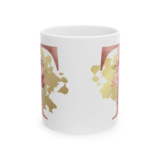 Ceramic Mug, (11oz) - Letter "T" Initial Pink Flower Gold Splash