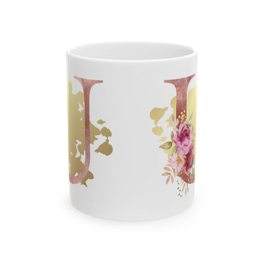 Ceramic Mug, (11oz) - Letter "U" Initial Pink Flower Gold Splash