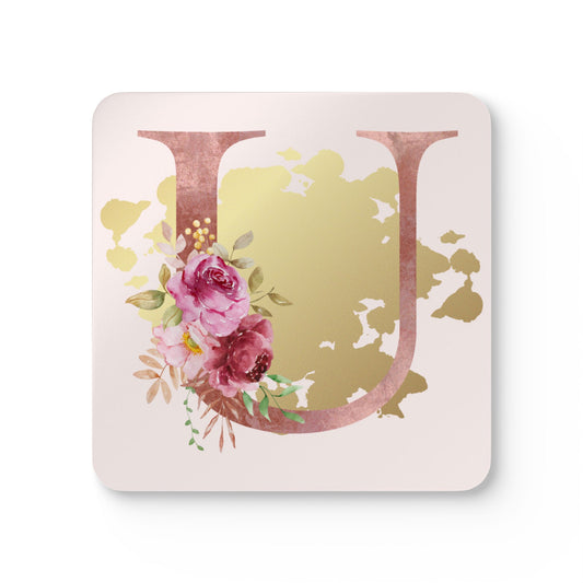 Coaster Set of 4 - Letter "U" Initial Pink Flower Gold Splash