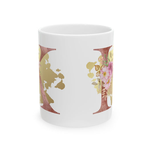 Ceramic Mug, (11oz) - Letter "K" Initial Pink Flower Gold Splash