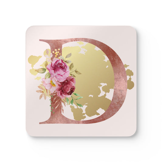 Coaster Set of 4 - Letter "D" Initial Pink Flower Gold Splash
