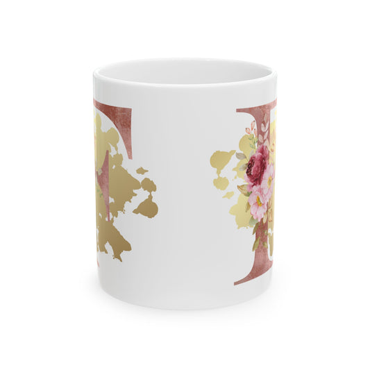 Ceramic Mug, (11oz) - Letter "F" Initial Pink Flower Gold Splash
