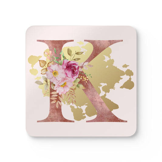 Coaster Set of 4 - Letter "K" Initial Pink Flower Gold Splash