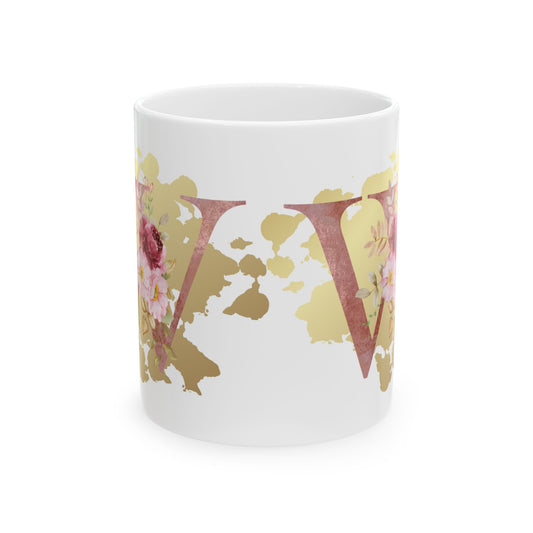 Ceramic Mug, (11oz) - Letter "W" Initial Pink Flower Gold Splash