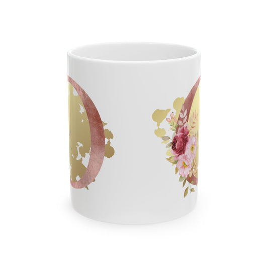 Ceramic Mug, (11oz) - Letter "O" Initial Pink Flower Gold Splash